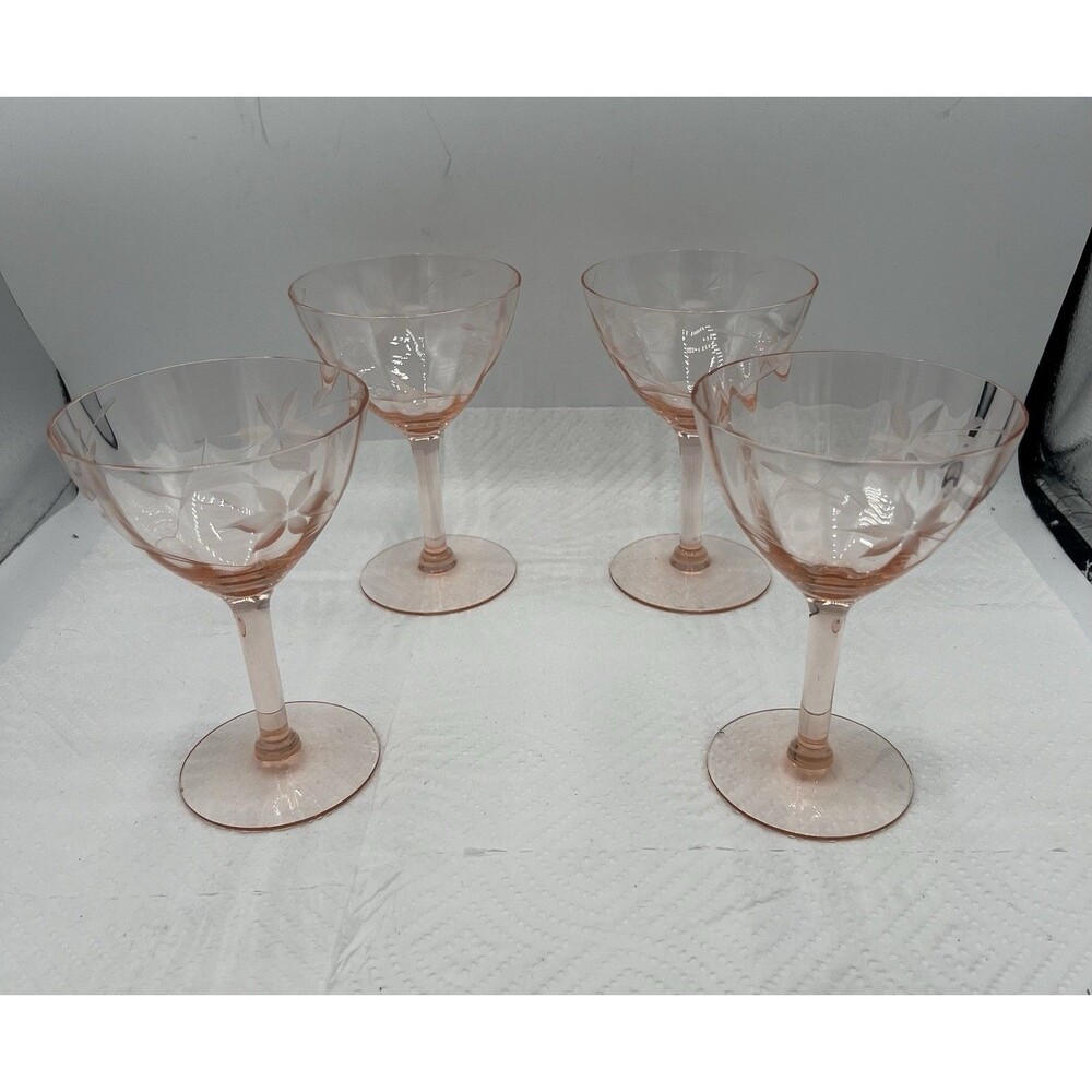 Set Of 4 Vintage Pink Depression Glass Champagne Coupes Etched Floral